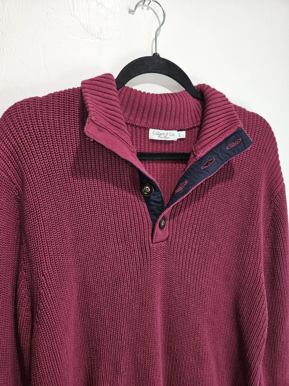 Collars & Co Men's Pullover Sweater 1/4 Button Burgundy Maroon Large Pure Cotton